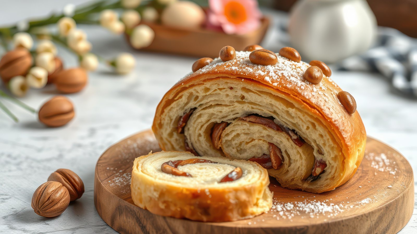 Freshly baked sweet roll with nuts and powdered sugar on a wooden board surrounded by decorative elements
